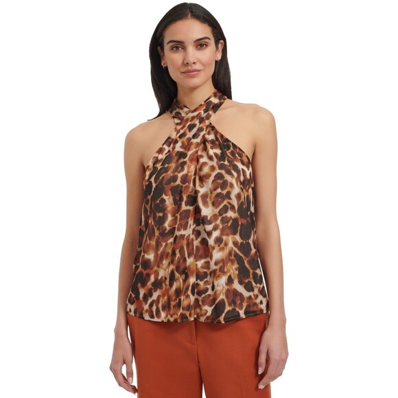 Calvin Klein Women's Printed Crisscross Halter Top, Terra Mult, M - Picture 1 of 4